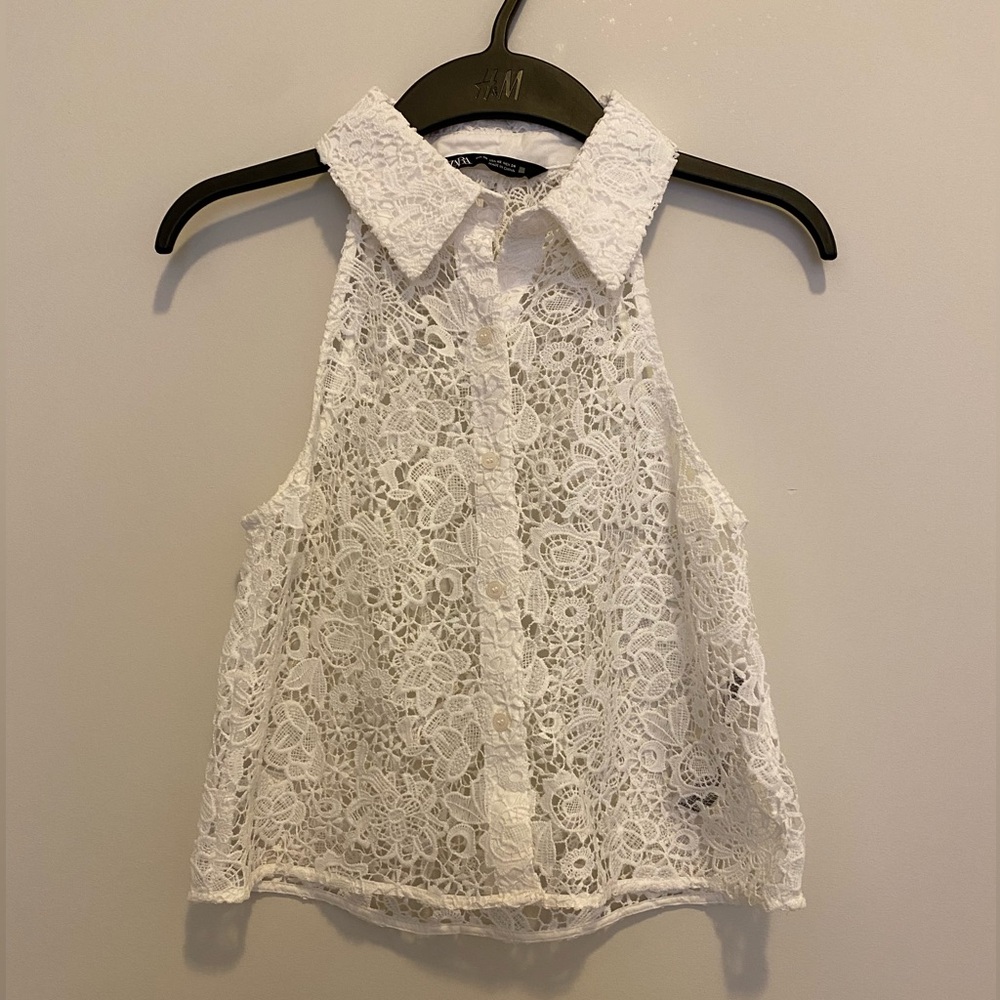 NWOT-Zara white sleeveless collared crochet lace top sis’s XS